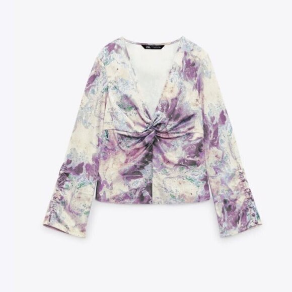 NWT Zara Satin Marble Printed Flare Sleeve V-Neck Twist Blouse Top New Small - Picture 7 of 7